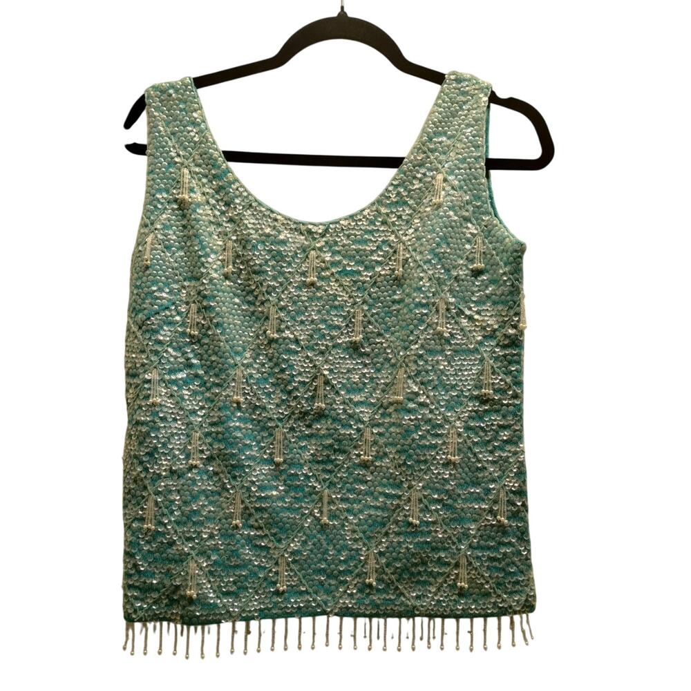 Vintage 60s Womens Size Small Blue Sequin Beaded Sleeveless Wool Theater Costume